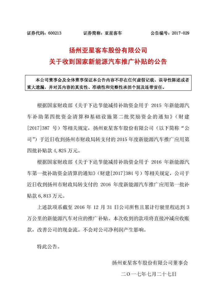 第一批新能源車(chē)國(guó)補(bǔ)增至6家 亞星客車(chē)獲1.16億