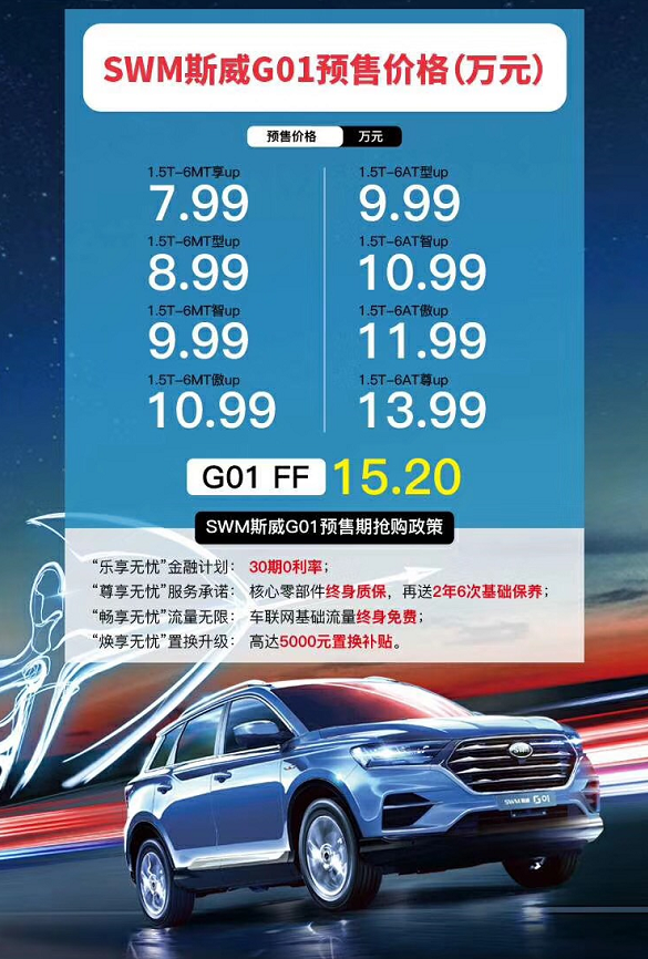 斯威G01預(yù)售7.99-15.2萬(wàn)元 將于八月中旬上市