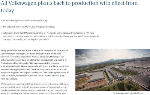 大眾汽車全面復(fù)產(chǎn) 16家工廠已陸續(xù)開(kāi)工