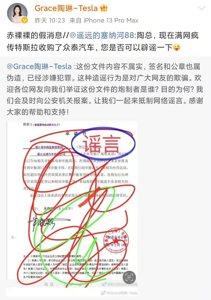 陶琳稱“赤裸裸的假消息” 特斯拉辟謠將收購(gòu)眾泰汽車