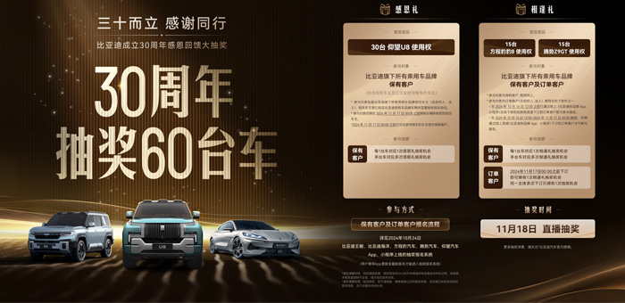 海洋車主專享 比亞迪30周年抽U8使用權(quán)